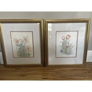 Vintage Lot of 2 Mary Bertrand Signed Watercolor Floral Prints Framed